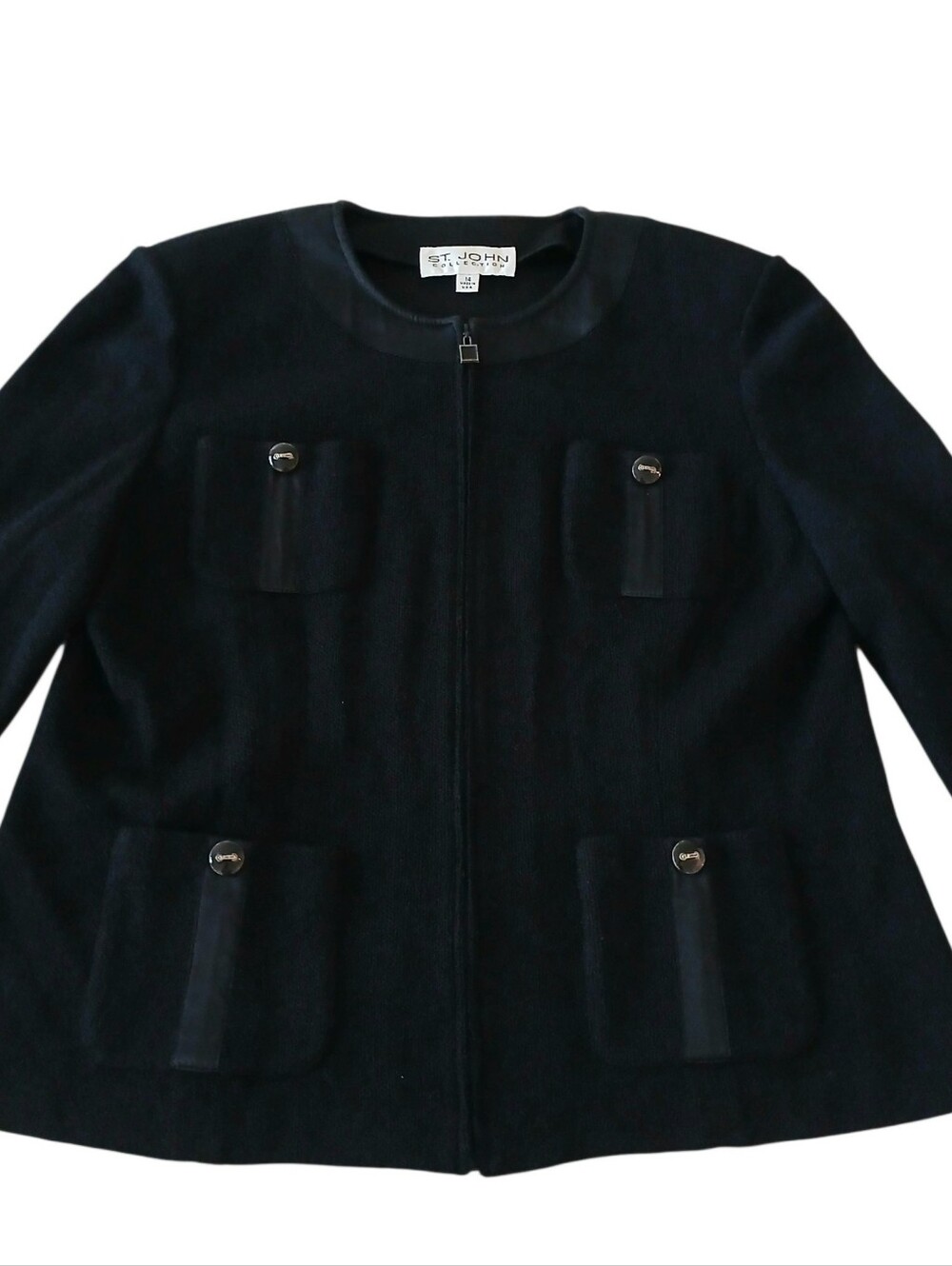 St John Collection Knit Full Zip Gold Buttons Jacket 14 Black Classic Timeless